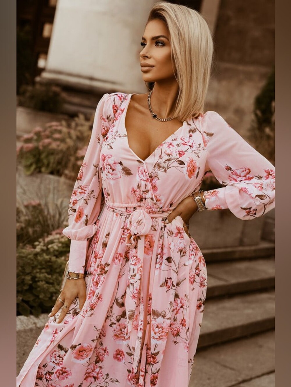 LAST ONE! Pink Floral V Neck Maxi Dress With Long Sleeves - Picture 5 of 5
